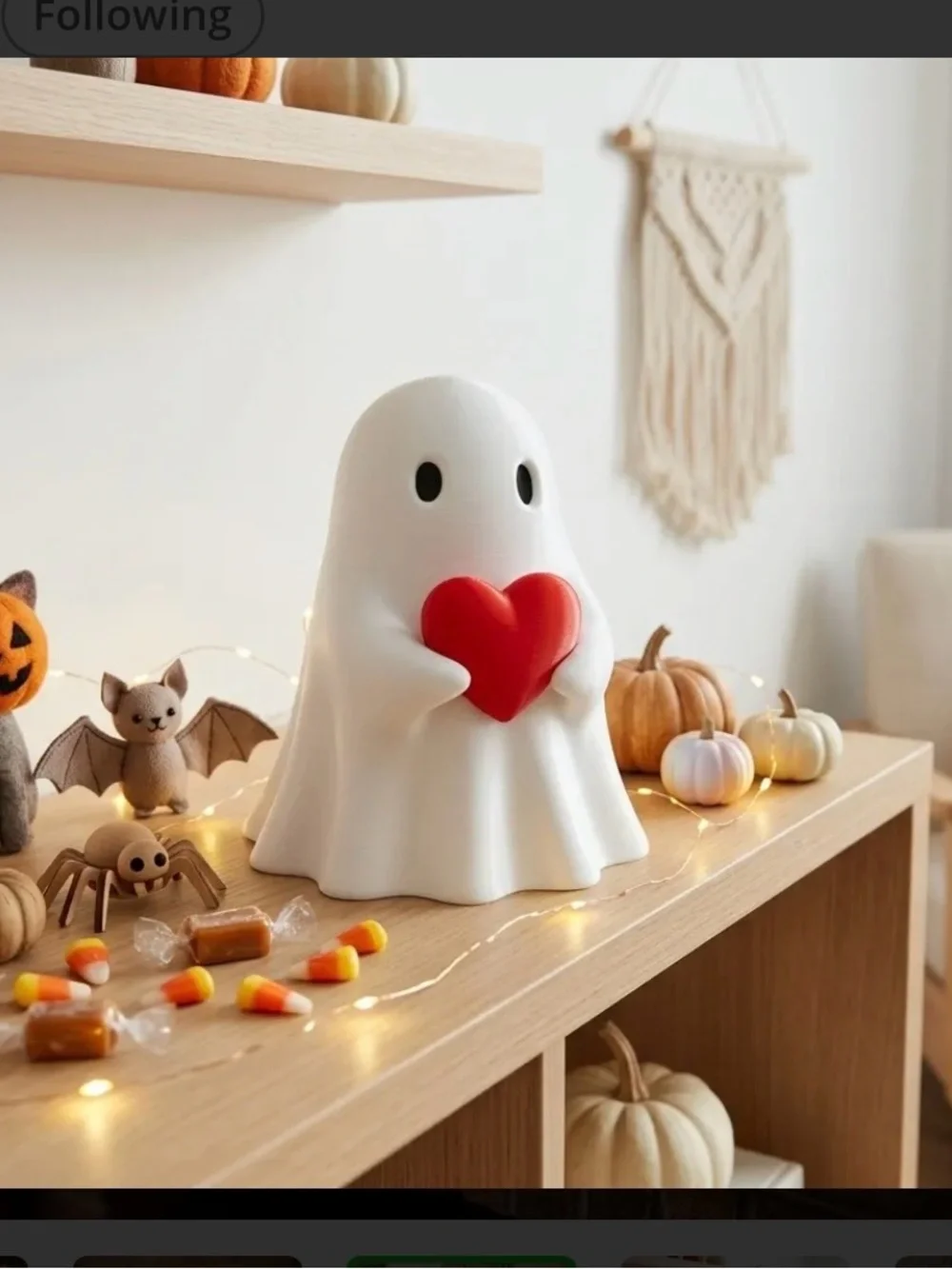 White Ghost Figurine with Red Heart - Decorative Halloween shelf sitter!